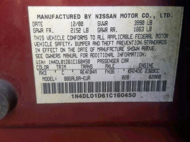 1N4DL01D61C160450 - 2001 NISSAN ALTIMA XE RED photo 10