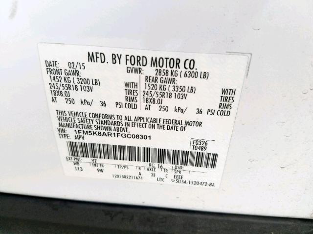 1FM5K8AR1FGC08301 - 2015 FORD EXPLORER P WHITE photo 10