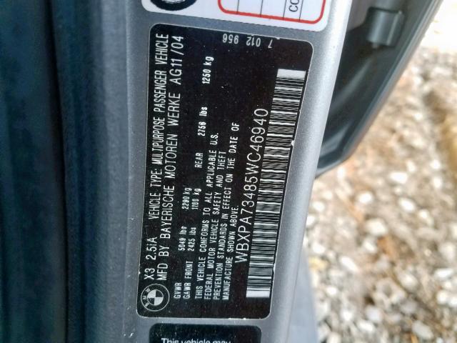 WBXPA73485WC46940 - 2005 BMW X3 2.5I GRAY photo 10