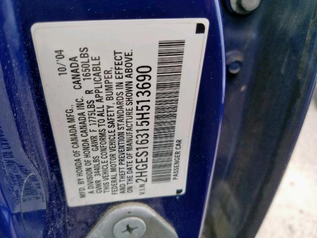 2HGES16315H513690 - 2005 HONDA CIVIC DX V BLUE photo 10