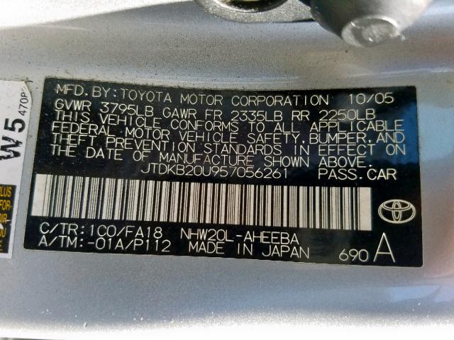 JTDKB20U957056261 - 2005 TOYOTA PRIUS SILVER photo 10