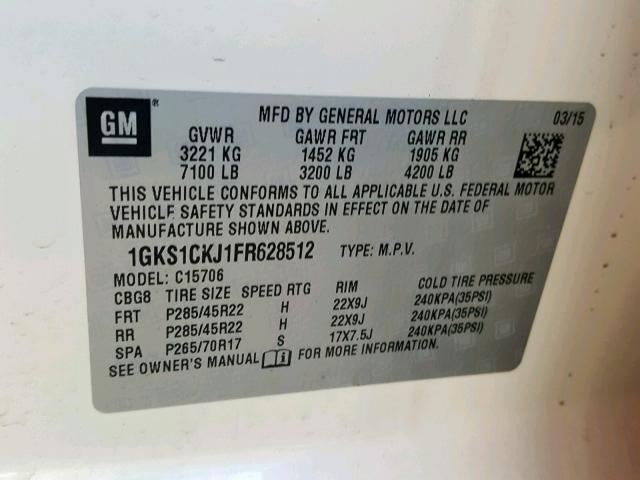 1GKS1CKJ1FR628512 - 2015 GMC YUKON DENA WHITE photo 10