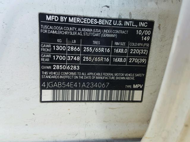 4JGAB54E41A234067 - 2001 MERCEDES-BENZ ML 320 WHITE photo 10