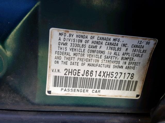 2HGEJ6614XH527178 - 1999 HONDA CIVIC BASE Yaşıl foto 10