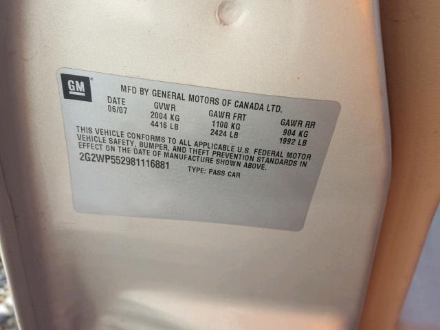 2G2WP552981116881 - 2008 PONTIAC GRAND PRIX TAN photo 10