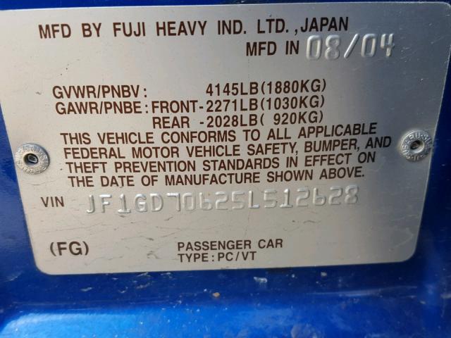 JF1GD70625L512628 - 2005 SUBARU IMPREZA WR BLUE photo 10