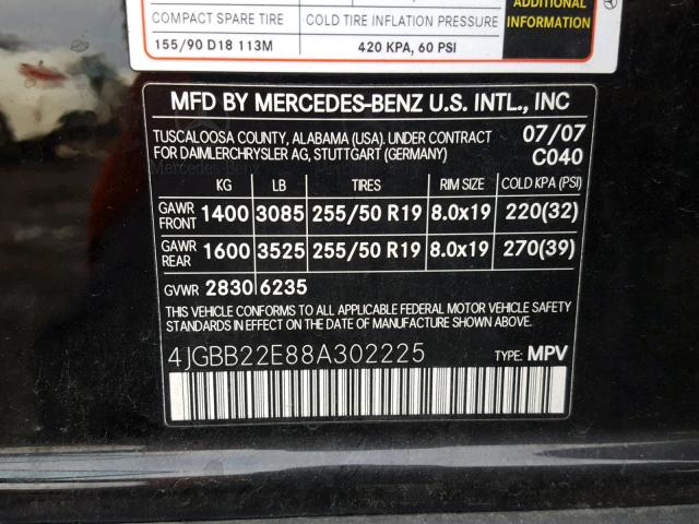 4JGBB22E88A302225 - 2008 MERCEDES-BENZ ML 320 CDI BLACK photo 10