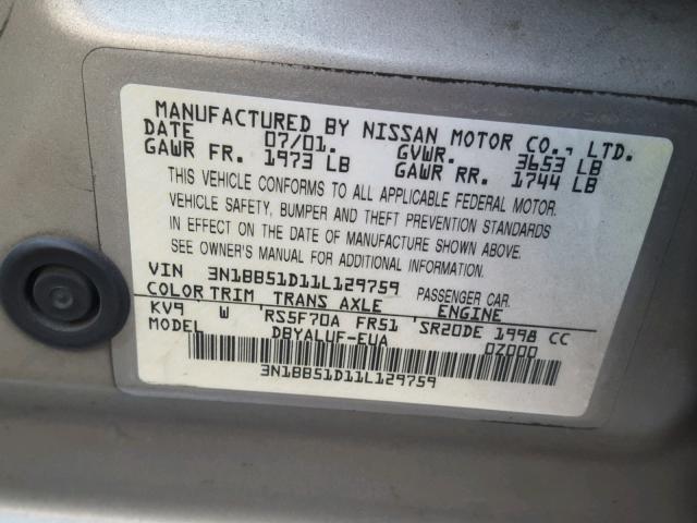 3N1BB51D11L129759 - 2001 NISSAN SENTRA SE SILVER photo 10