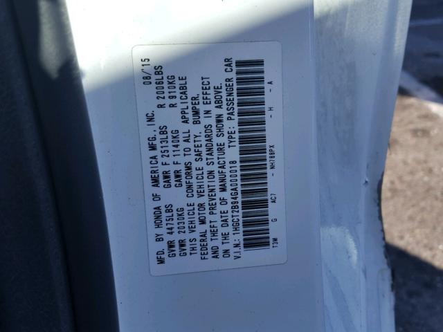 1HGCT2B94GA000018 - 2016 HONDA ACCORD EXL WHITE photo 10