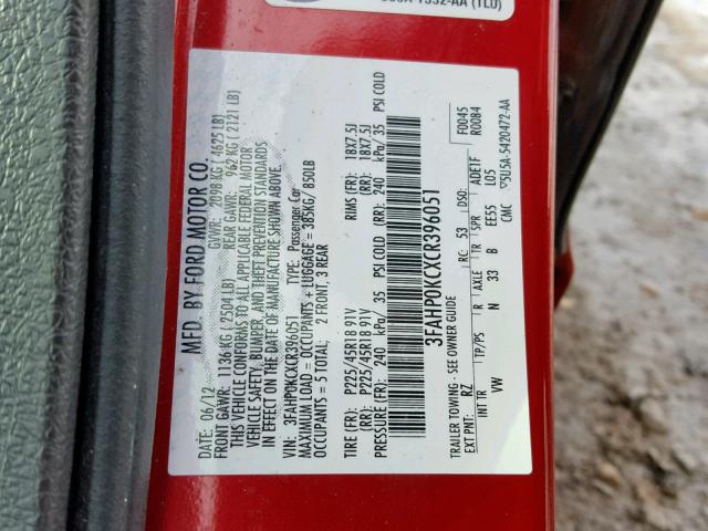 3FAHP0KCXCR396051 - 2012 FORD FUSION SPO RED photo 10