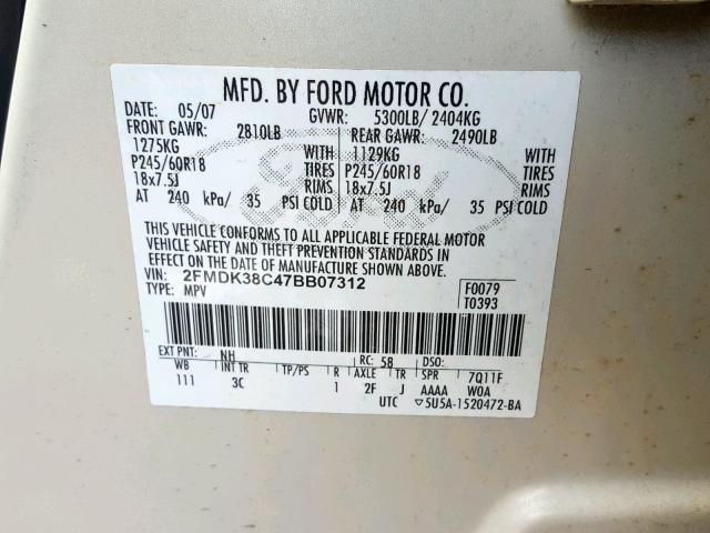 2FMDK38C47BB07312 - 2007 FORD EDGE SEL WHITE photo 10