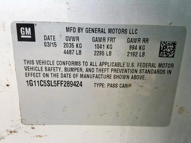 1G11C5SL5FF289424 - 2015 CHEVROLET MALIBU 1LT  照片 10