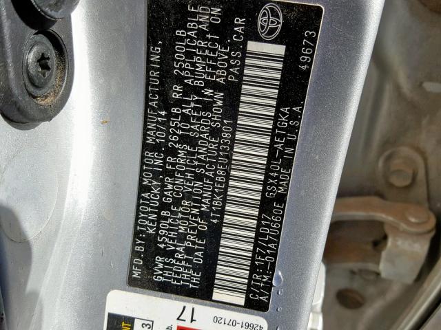 4T1BK1EB8EU133801 - 2014 TOYOTA AVALON BAS SILVER photo 10