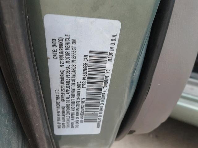 4S3BE635237214679 - 2003 SUBARU LEGACY L GREEN photo 10