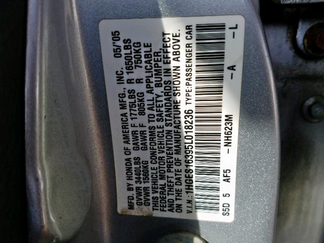 1HGES16395L018236 - 2005 HONDA CIVIC DX V SILVER photo 10