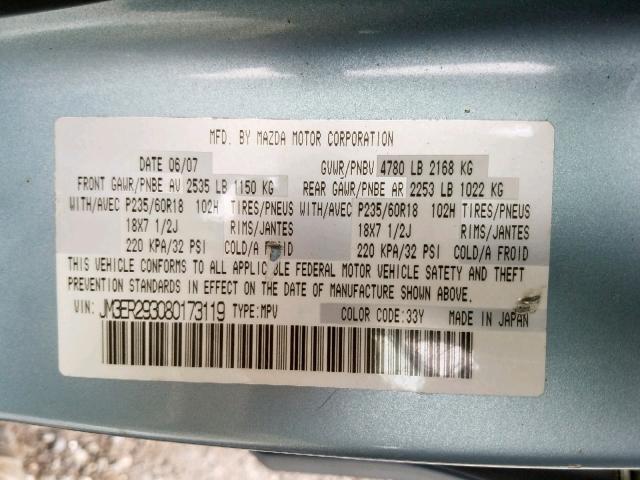 JM3ER293080173119 - 2008 MAZDA CX-7 BLUE photo 10