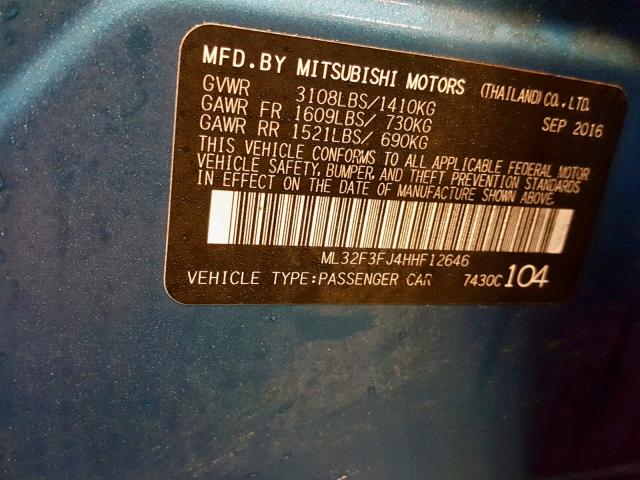 ML32F3FJ4HHF12646 - 2017 MITSUBISHI MIRAGE G4 BLUE photo 10