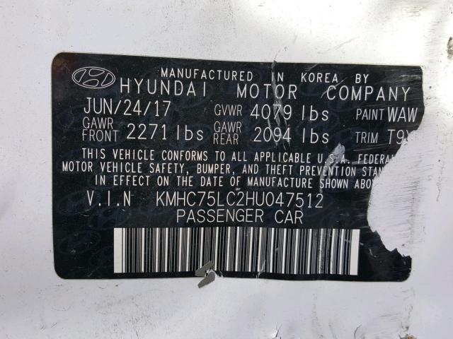 KMHC75LC2HU047512 - 2017 HYUNDAI IONIQ SEL WHITE photo 10