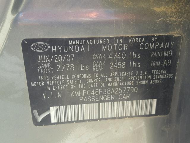 KMHFC46F38A257790 - 2008 HYUNDAI AZERA SE GRAY photo 10