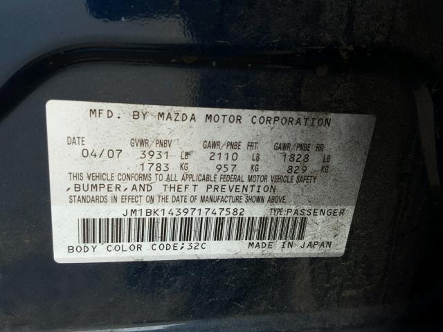 JM1BK143971747582 - 2007 MAZDA 3 HATCHBAC BLUE photo 10