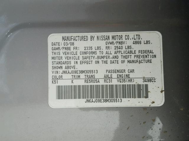 JNKAJ09E38M305513 - 2008 INFINITI EX35 BASE GRAY photo 10