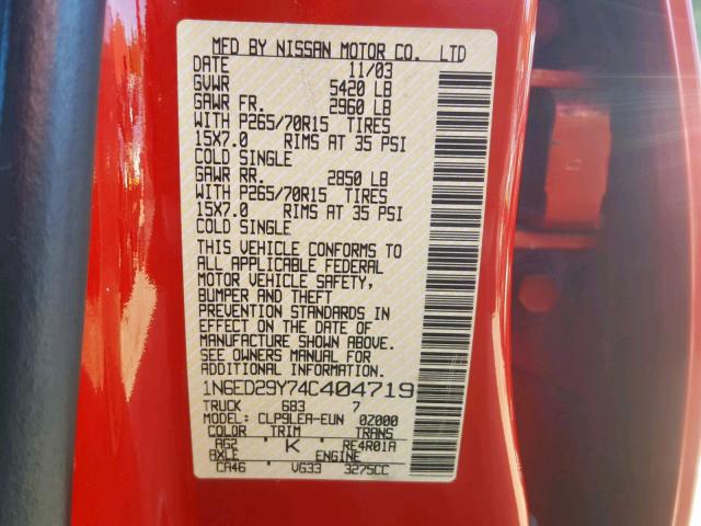 1N6ED29Y74C404719 - 2004 NISSAN FRONTIER C RED photo 10