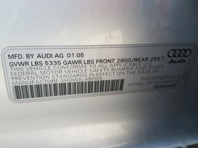 WAUEL74F35N089526 - 2005 AUDI A6 S-LINE SILVER photo 10