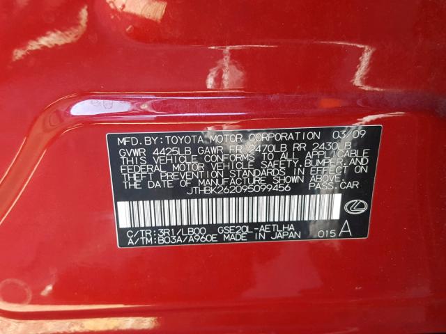 JTHBK262095099456 - 2009 LEXUS IS 250 RED photo 10