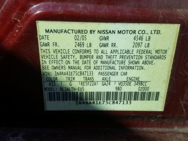 1N4BA41E75C847133 - 2005 NISSAN MAXIMA SE MAROON photo 10