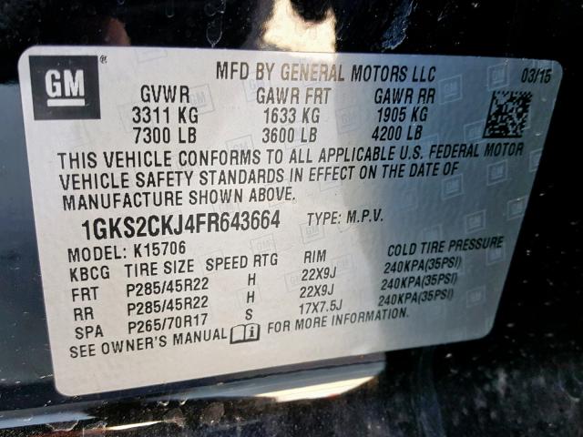 1GKS2CKJ4FR643664 - 2015 GMC YUKON DENA BLACK photo 10