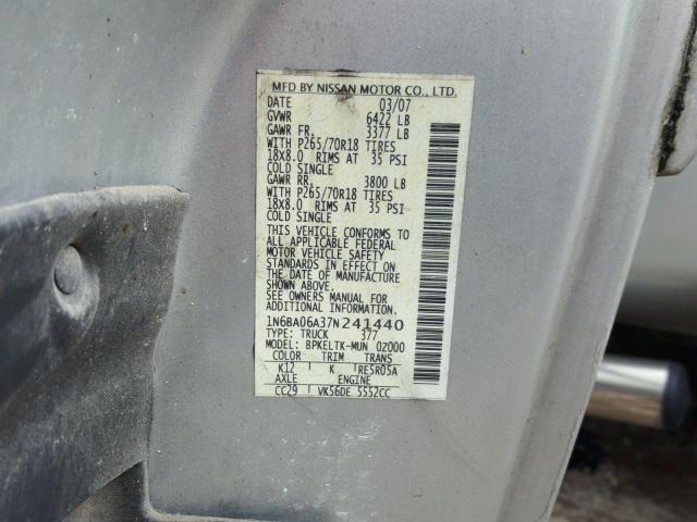 1N6BA06A37N241440 - 2007 NISSAN TITAN XE SILVER photo 10