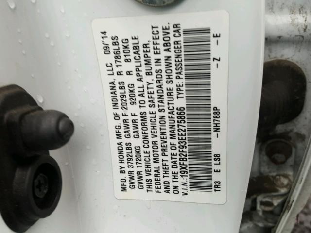 19XFB2F93EE275866 - 2014 HONDA CIVIC EXL WHITE photo 10