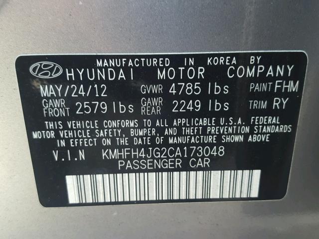 KMHFH4JG2CA173048 - 2012 HYUNDAI AZERA GLS SILVER photo 10