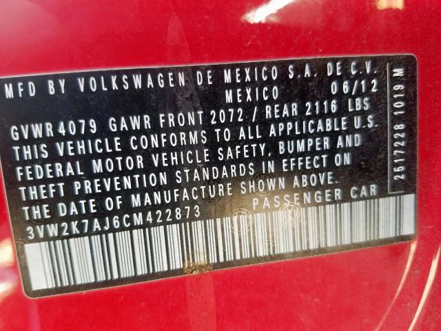 3VW2K7AJ6CM422873 - 2012 VOLKSWAGEN JETTA BASE 红色 照片 10
