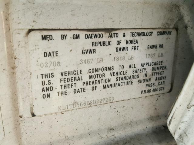 KL1TD56668B227260 - 2008 CHEVROLET AVEO BASE Ақ фото 10