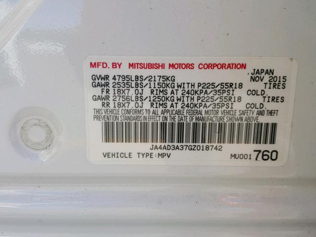 JA4AD3A37GZ018742 - 2016 MITSUBISHI OUTLANDER WHITE photo 10