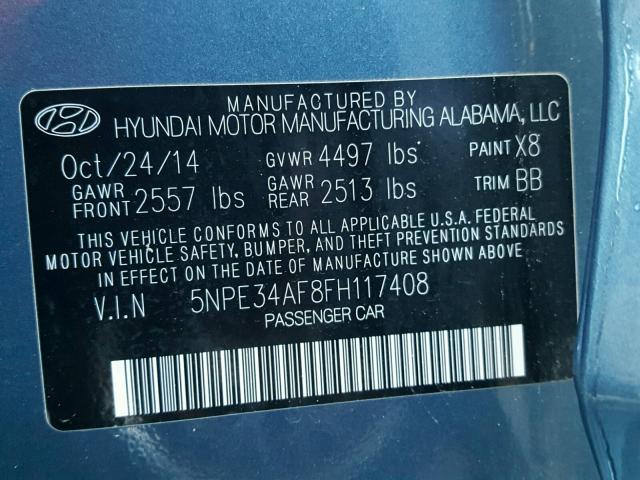 5NPE34AF8FH117408 - 2015 HYUNDAI SONATA SPO BLUE photo 10