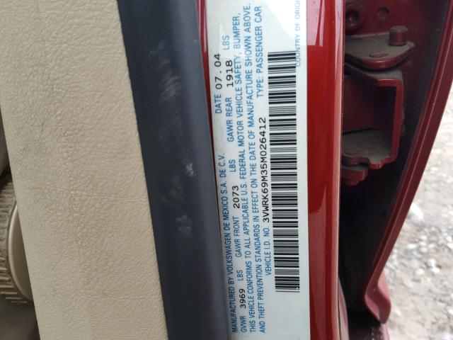 3VWRK69M35M026412 - 2005 VOLKSWAGEN JETTA GL RED photo 10