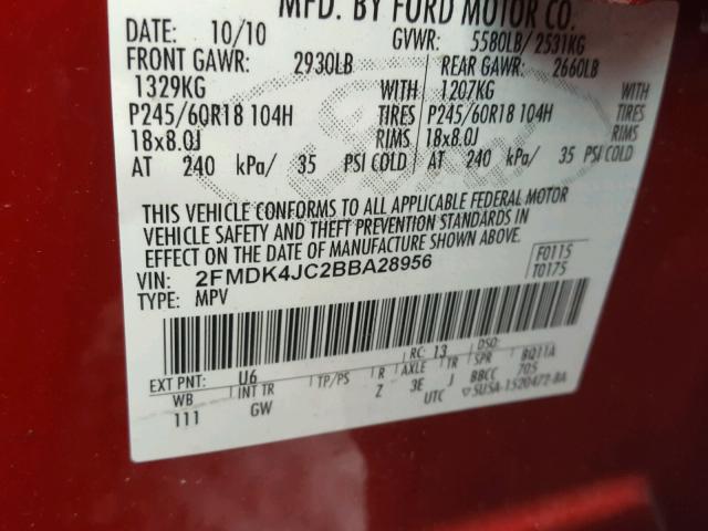 2FMDK4JC2BBA28956 - 2011 FORD EDGE SEL RED photo 10