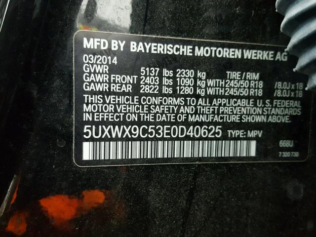 5UXWX9C53E0D40625 - 2014 BMW X3 XDRIVE2 BLACK photo 10