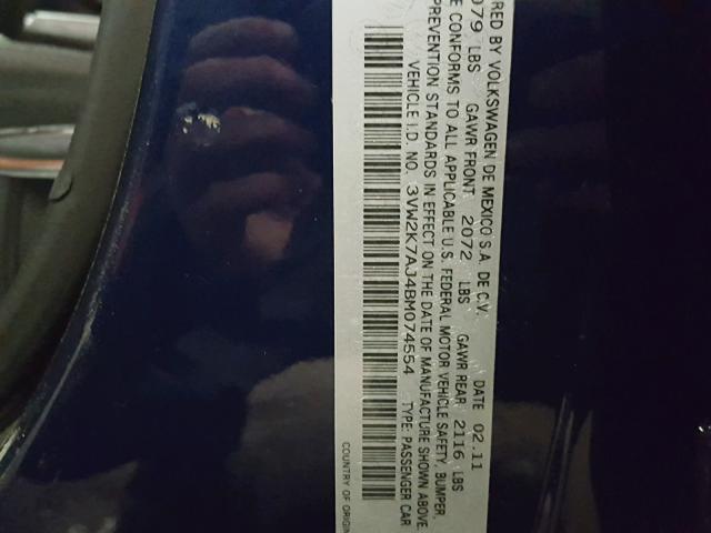 3VW2K7AJ4BM074554 - 2011 VOLKSWAGEN JETTA BASE Կապույտ լուսանկար 10