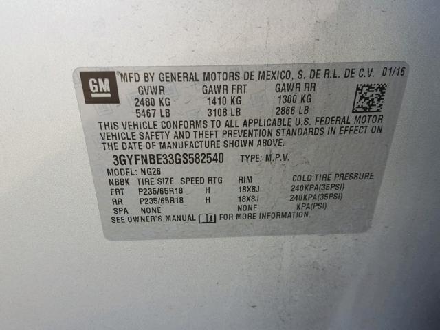 3GYFNBE33GS582540 - 2016 CADILLAC SRX LUXURY SILVER photo 10