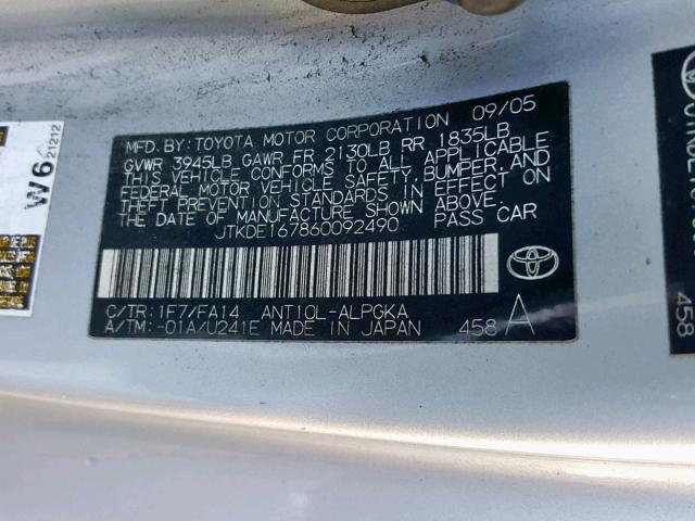 JTKDE167860092490 - 2006 TOYOTA SCION TC ვერცხლისფერი ფოტო 10