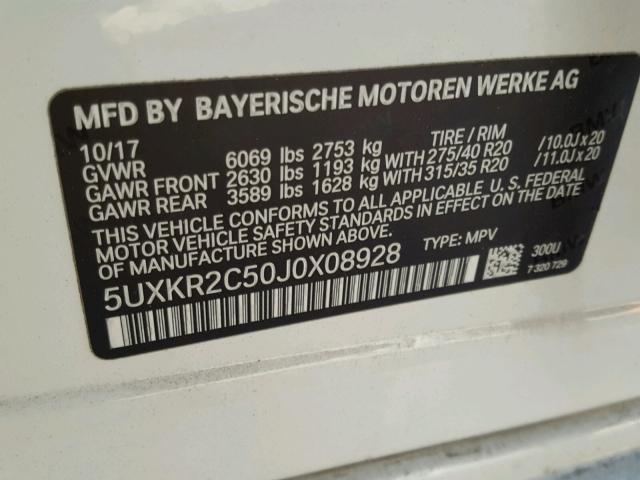 5UXKR2C50J0X08928 - 2018 BMW X5 SDRIVE3 WHITE photo 10