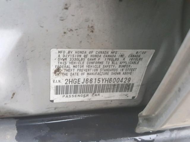 2HGEJ6615YH600429 - 2000 HONDA CIVIC BASE SILVER photo 10