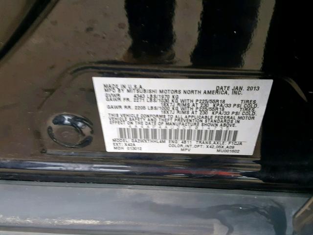 4A4AP4AU2DE014735 - 2013 MITSUBISHI OUTLANDER BLACK photo 10