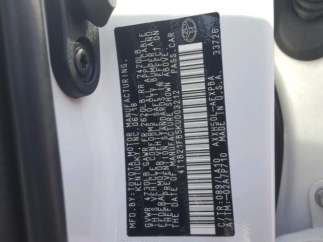 4T1B21FB5KU003212 - 2019 TOYOTA AVALON XLE 白色 照片 10