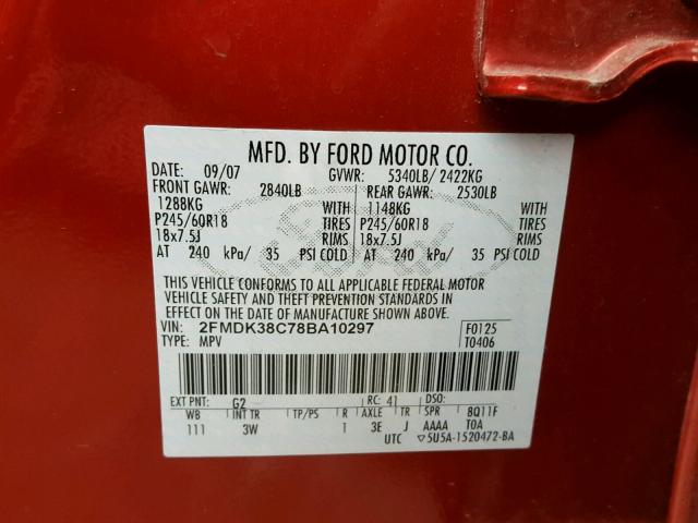 2FMDK38C78BA10297 - 2008 FORD EDGE SEL BURGUNDY photo 10