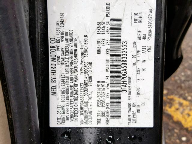 3FAHP0GA5BR332523 - 2011 FORD FUSION S BLACK photo 10