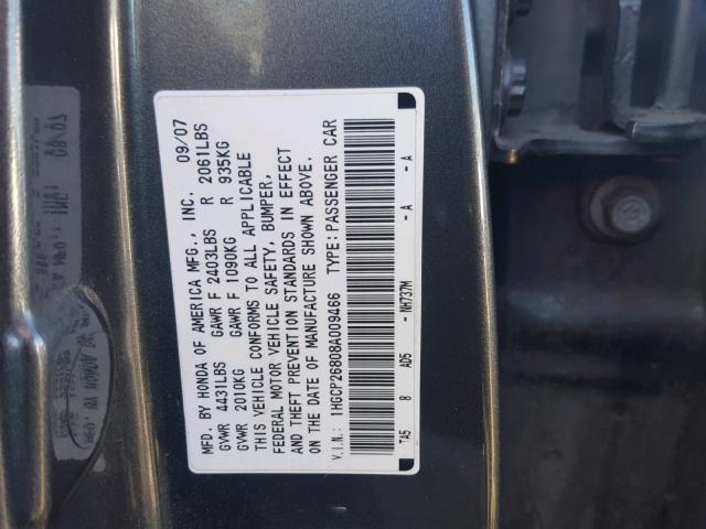 1HGCP26808A009466 - 2008 HONDA ACCORD EXL GRAY photo 10